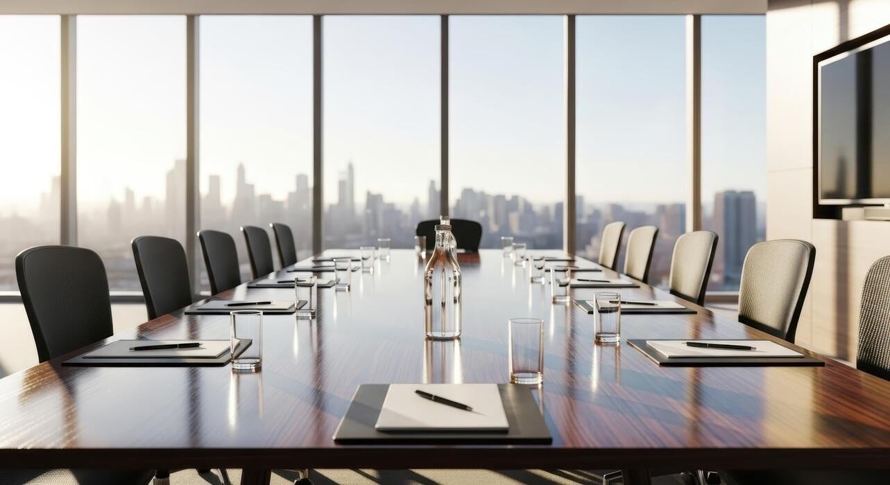 Executive protection planning session in a corporate conference room.