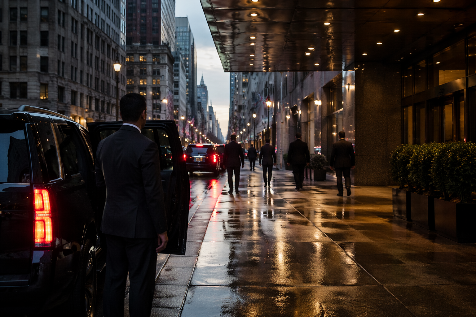 City street scene during evening or early night with wet pavement, illuminated buildings, and people in suits walking.