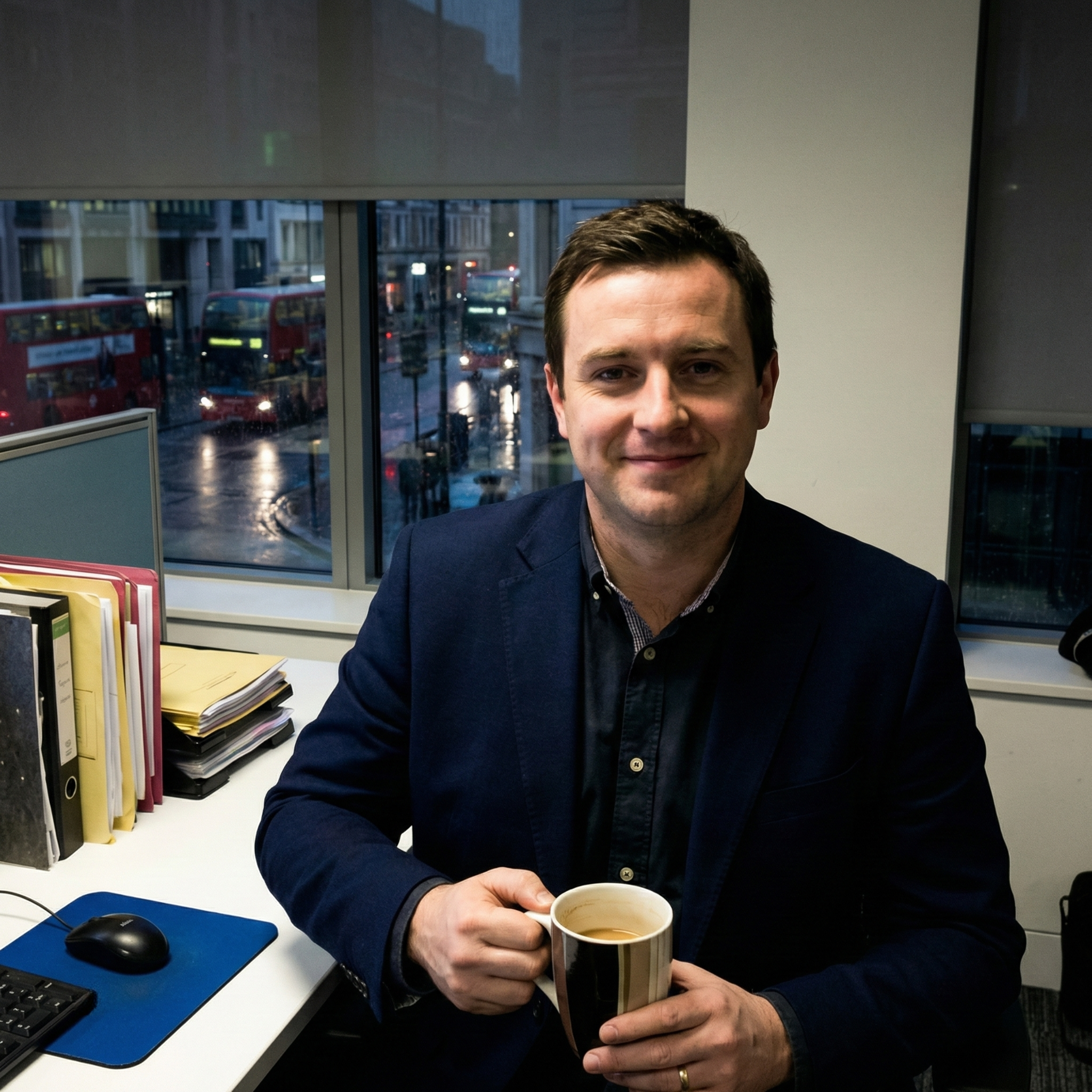 A man in a dark blazer holding a coffee mug, sitting at a desk in an office with a window overlooking a rainy city street.