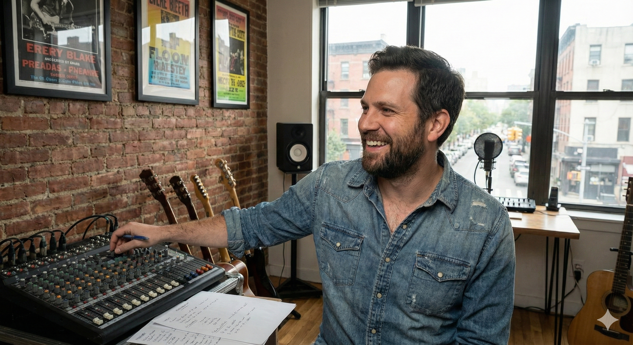 A man with dark hair and a beard smiling while adjusting controls on a mixing console in a music studio, with guitars, posters, and music equipment in the background.