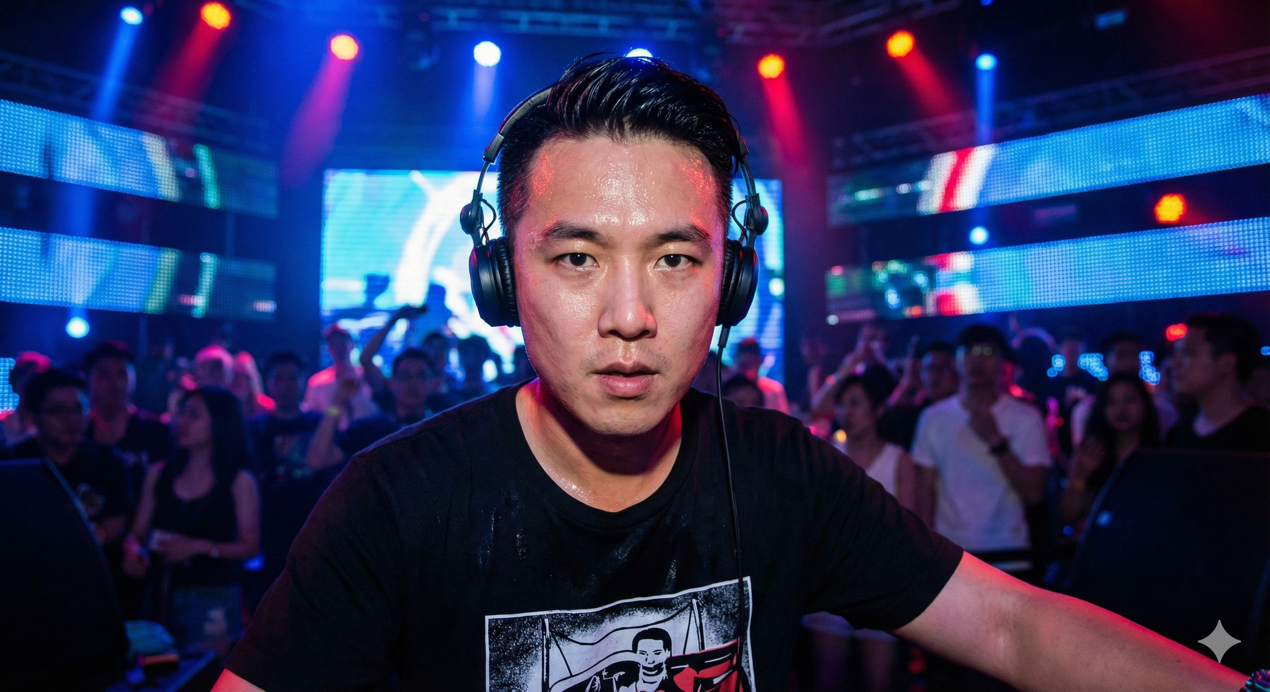A DJ with headphones appears to be wet with sweat in the foreground at a crowded dance club or concert with colorful lights and large screens displaying visuals in the background.