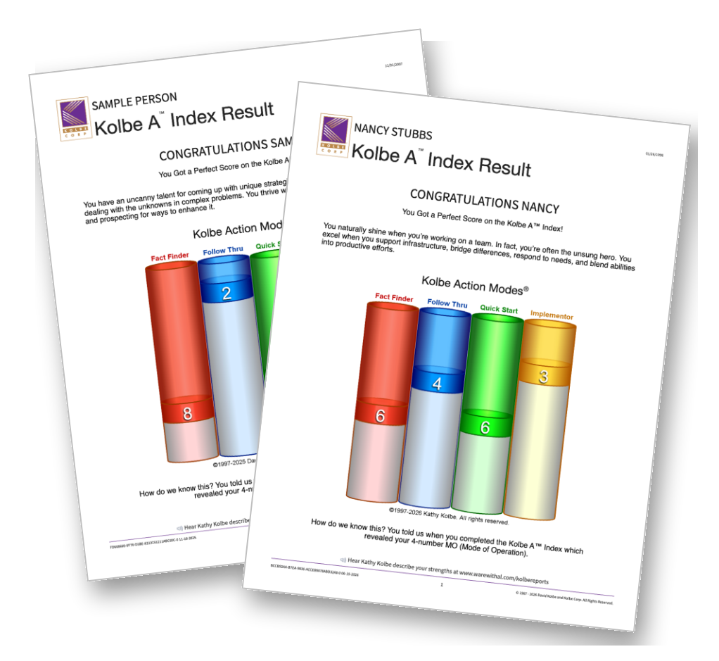 Two printed sheets with graphical reports displaying Kolbe A Index results, featuring colorful bar charts and text.