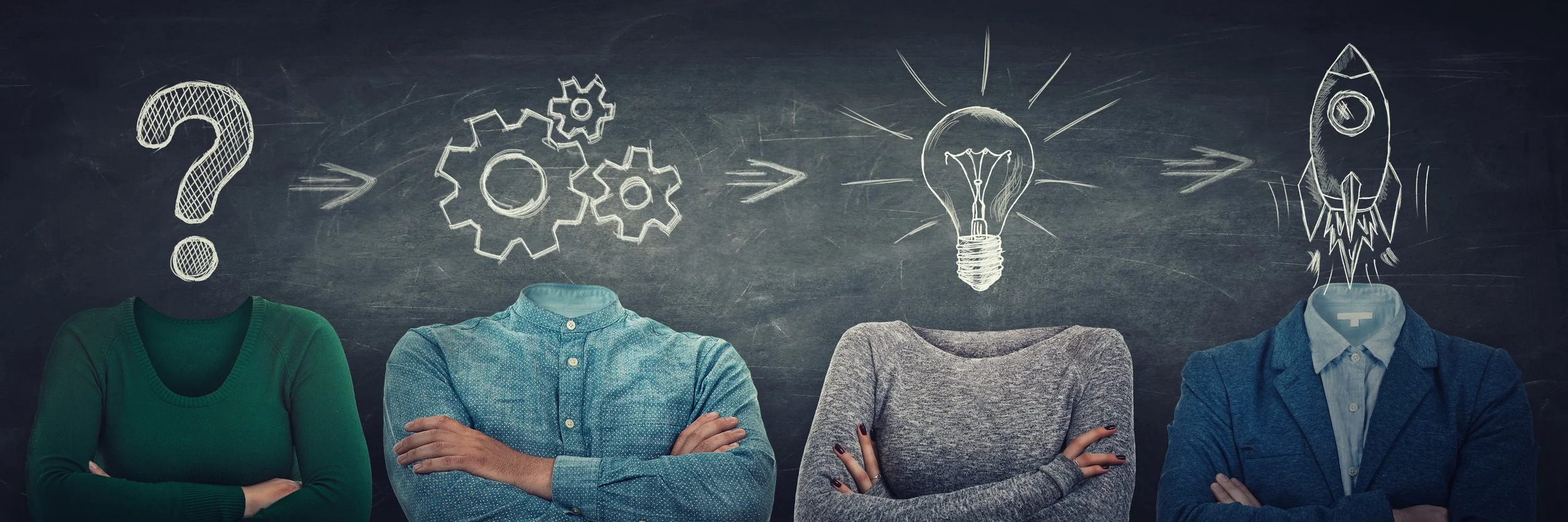 Four people with headless bodies standing in front of a blackboard with chalk drawings of a question mark, gears, a light bulb, and a rocket, symbolizing Kolbe's four Action Modes of Fact Finder, Follow Thru, Quick Start, and Implmentor.