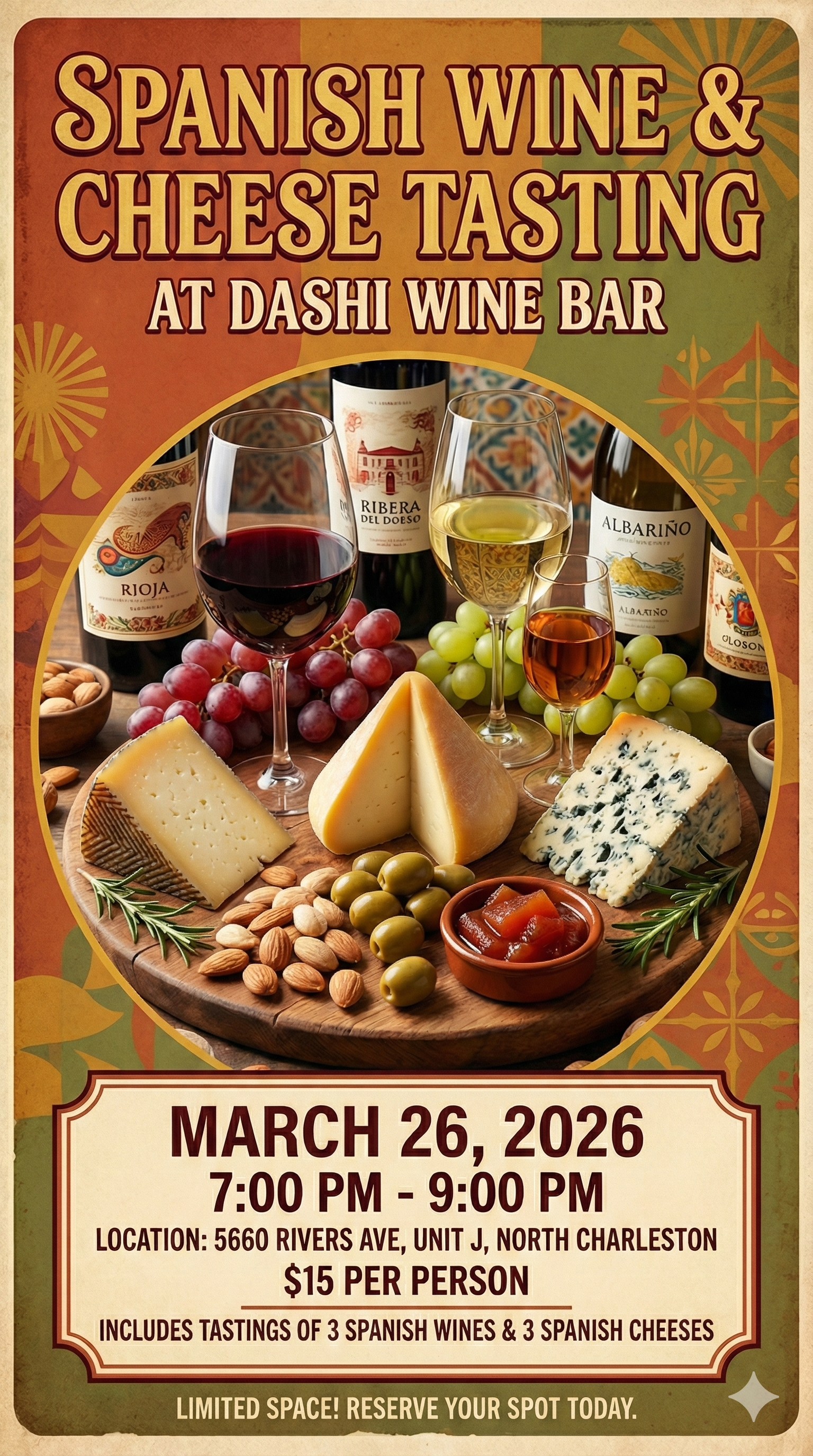 Wine and Cheese Tasting March 26th, 7-9pm!