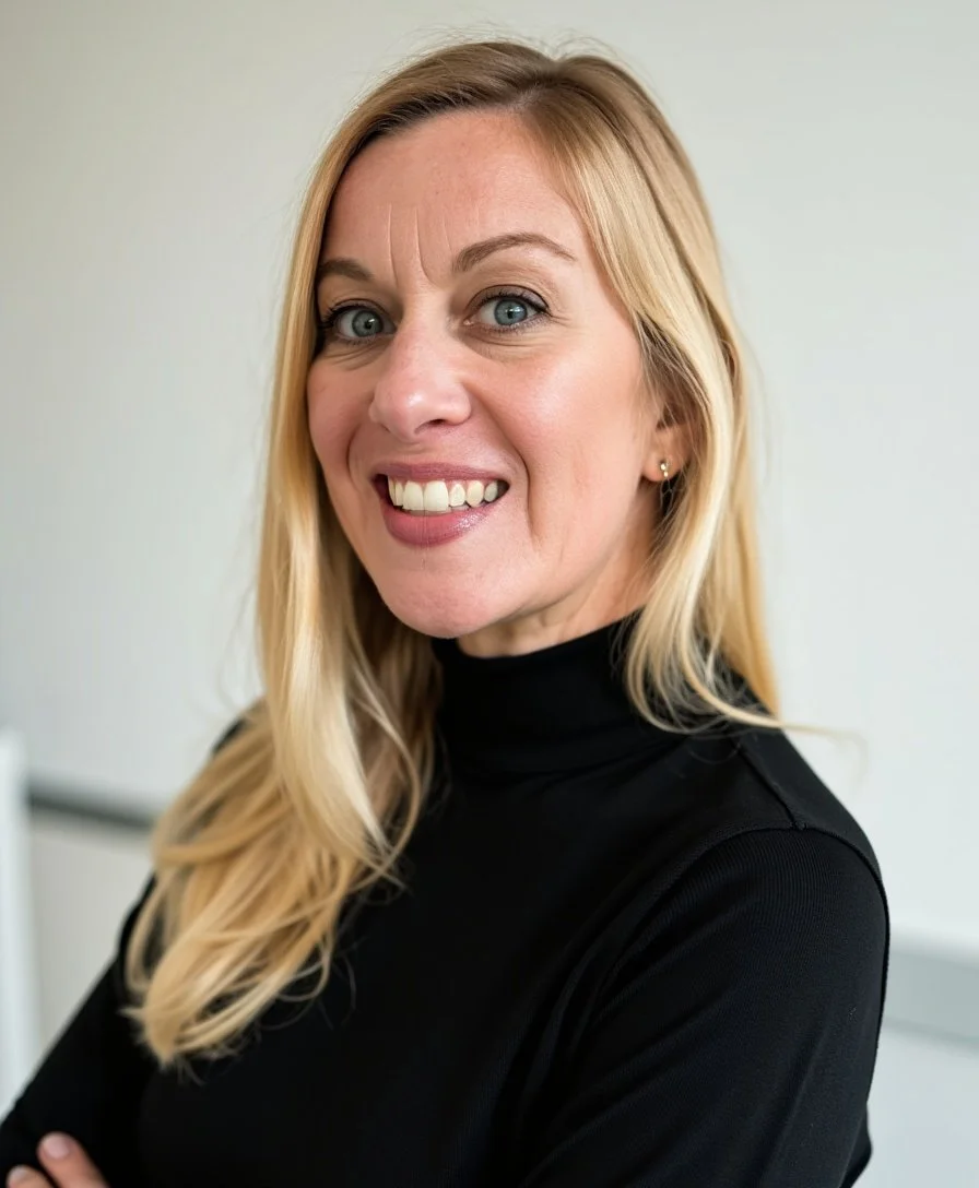 A woman with long blonde hair, blue eyes, and a black turtleneck shirt, smiling at the camera.