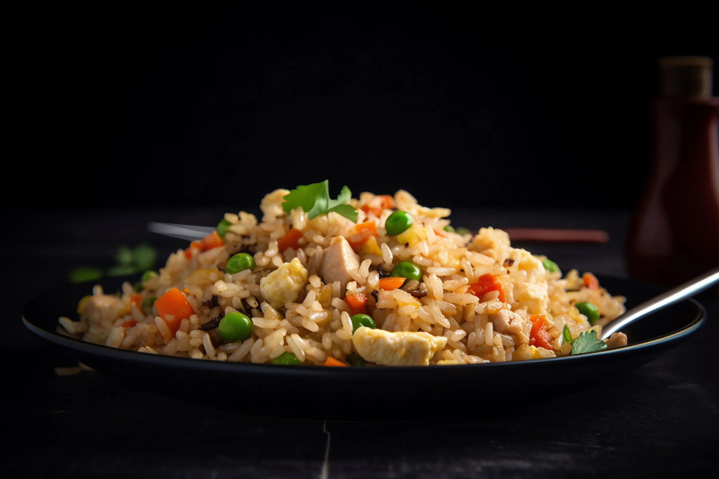 Plate of fried rice with vegetables, chicken, peas, carrots, and eggs on a black plate against a dark background.