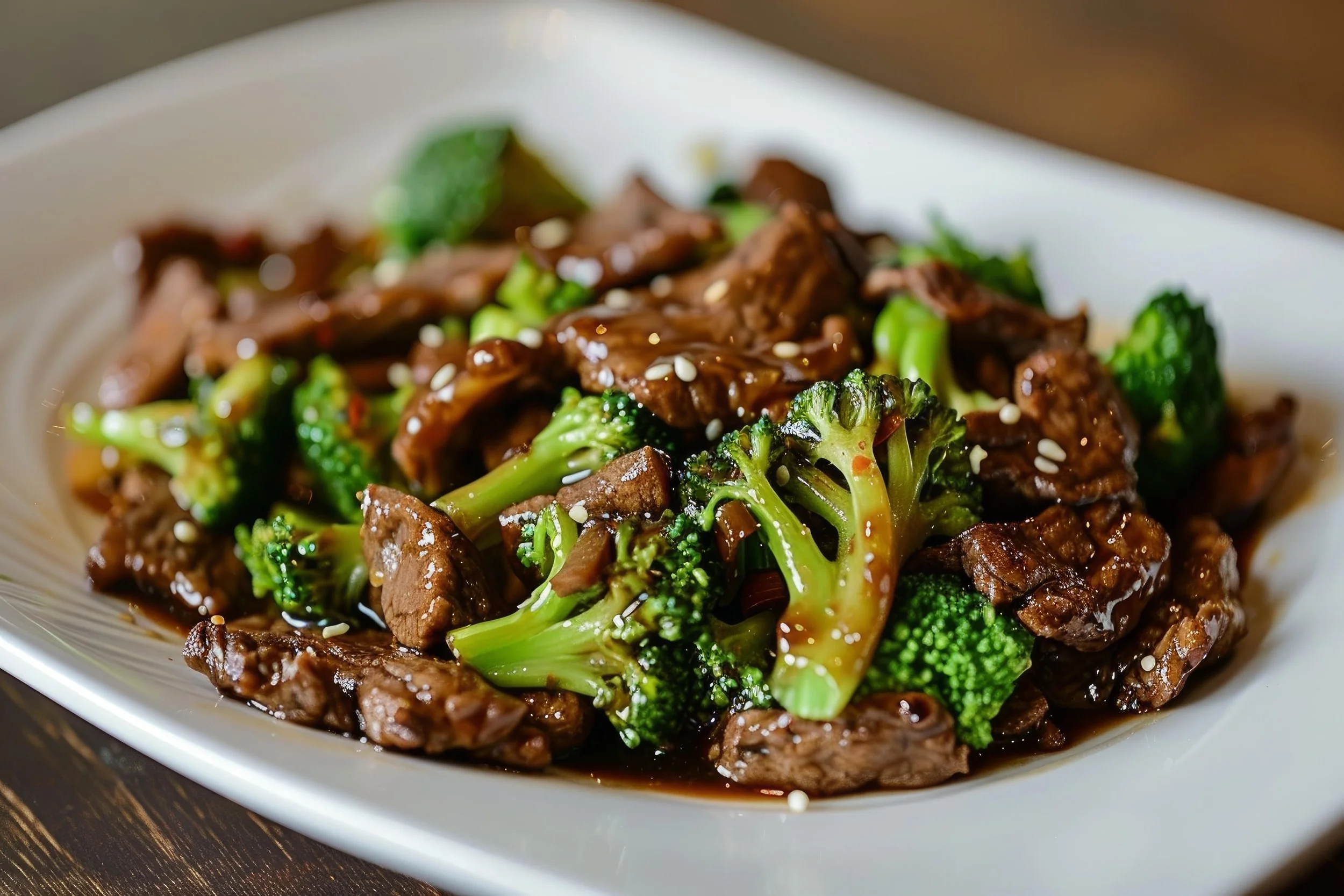 Stir-fried beef with broccoli and sauce on a white plate