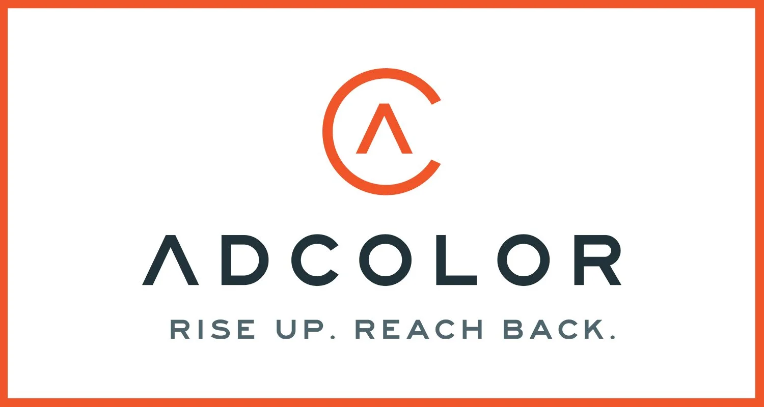 AdColor logo with orange and black colors, slogan 'Rise Up. Reach Back.'