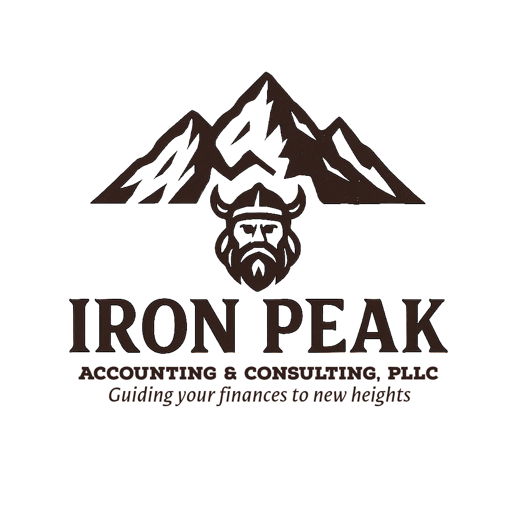 Iron Peak Accounting & Consulting, PLLC, featuring a mountain range with a Viking head in front of it, and the tagline 'Guiding your finances to new heights'. Bookkeeping, Tax Preparation, and Business Consulting. Cedar City, St George, Southern Utah