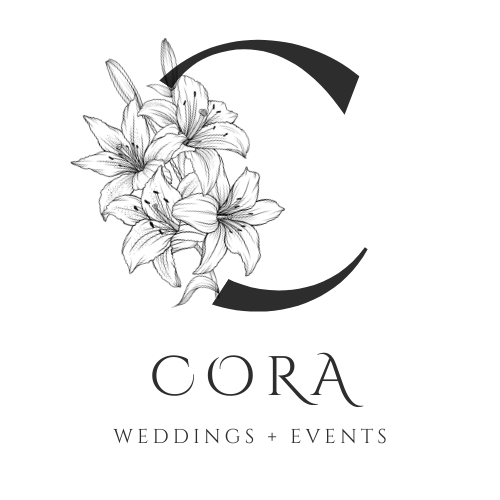 A logo with a floral illustration of lilies, a stylized letter C, and the text 'CORA Weddings + Events'.