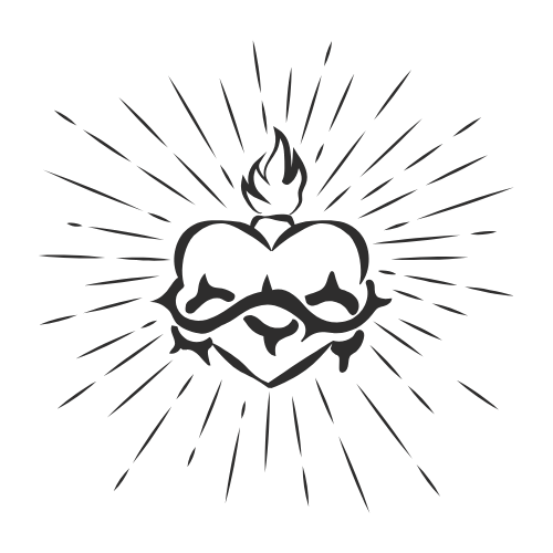 Illustration of a stylized heart with a flame on top, surrounded by radiating lines