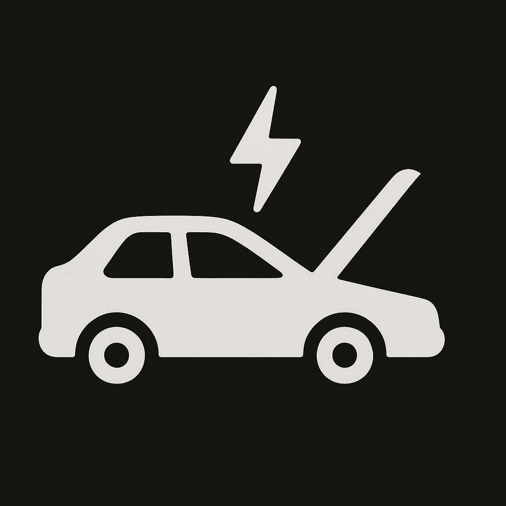 Icon of a car with an open hood and a lightning bolt above it, indicating car electrical or charging issue.