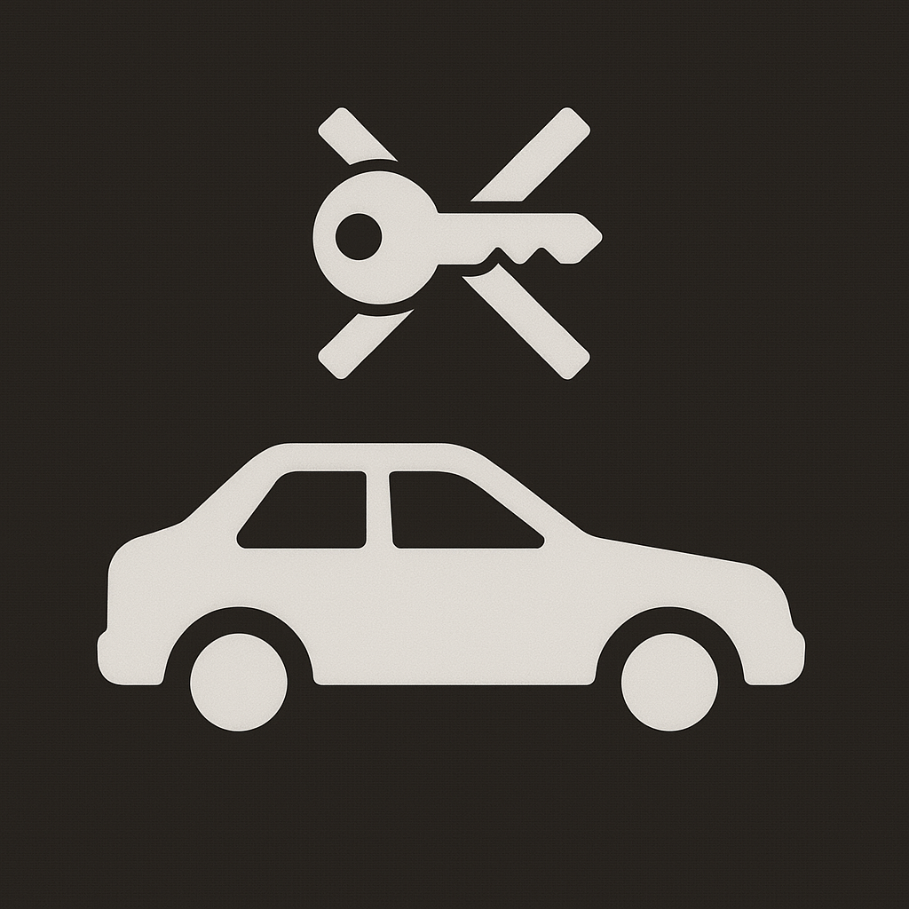 Silhouette of a car with a crossed-out key icon above it indicating no car access or parking.
