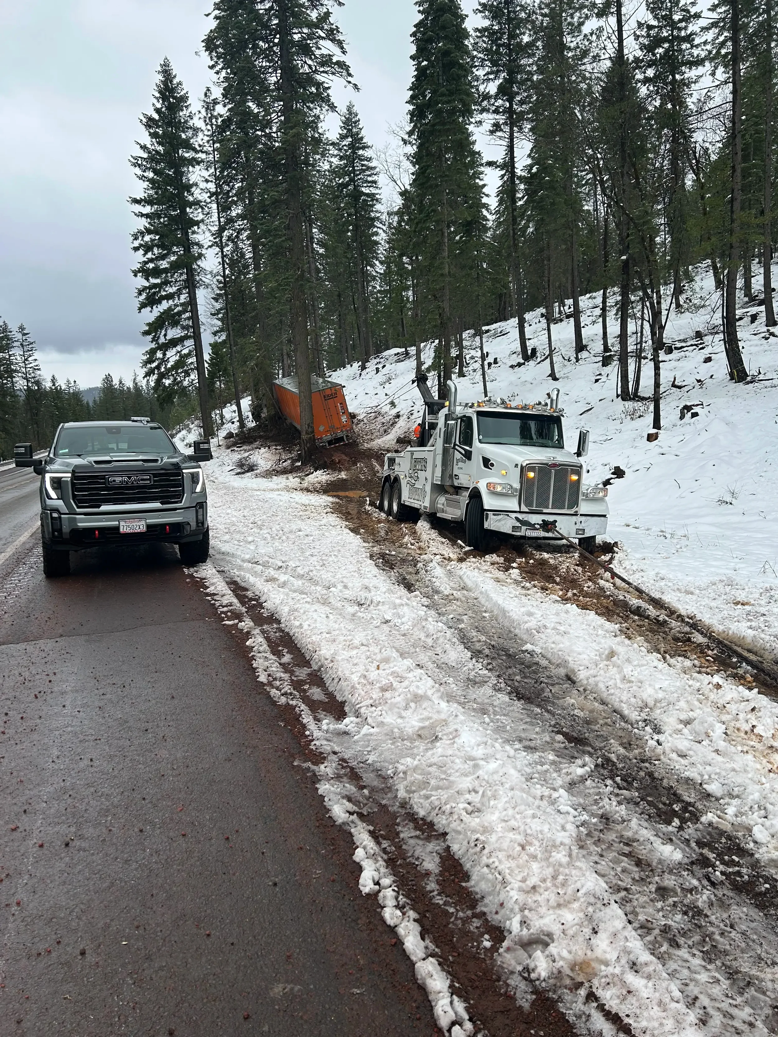 A semi-truck assisting a car that has gone off a snowy rural road. The semi-truck is connected to the car by a chain and pulling the car back onto the road. The background shows snow-covered ground with a forest of tall pine trees and an overcast sky.
