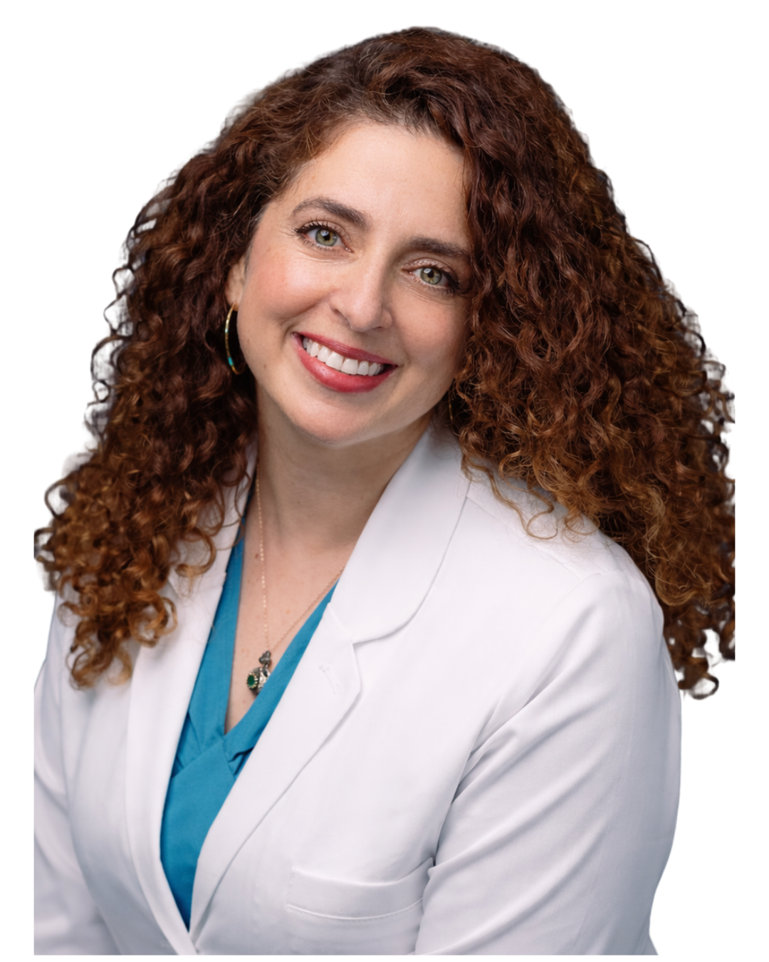 A smiling female doctor with curly brown hair, wearing a white coat and a stethoscope around her neck.