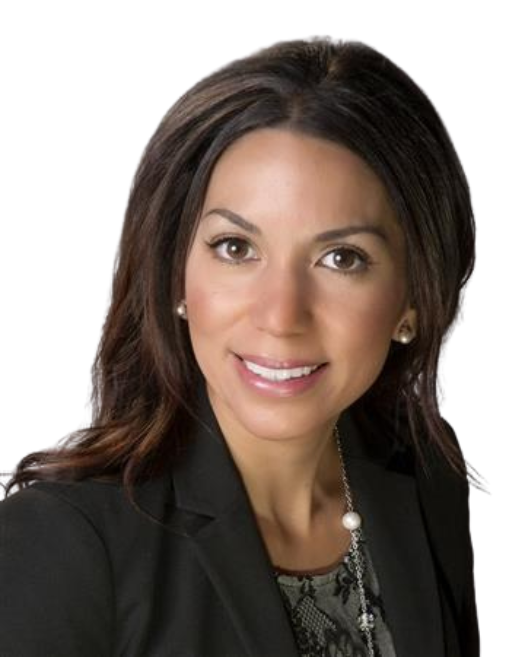 Professional headshot of a woman with dark brown hair, smiling, wearing a black blazer and pearl earrings, against a plain white background.