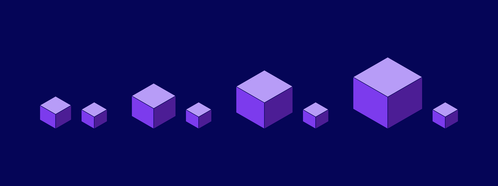 Navy isometric illustration: four pairs of purple cubes. In each pair, one cube grows larger from left to right, while the small cube beside it stays the same size every time. The role grew. The price didn't.