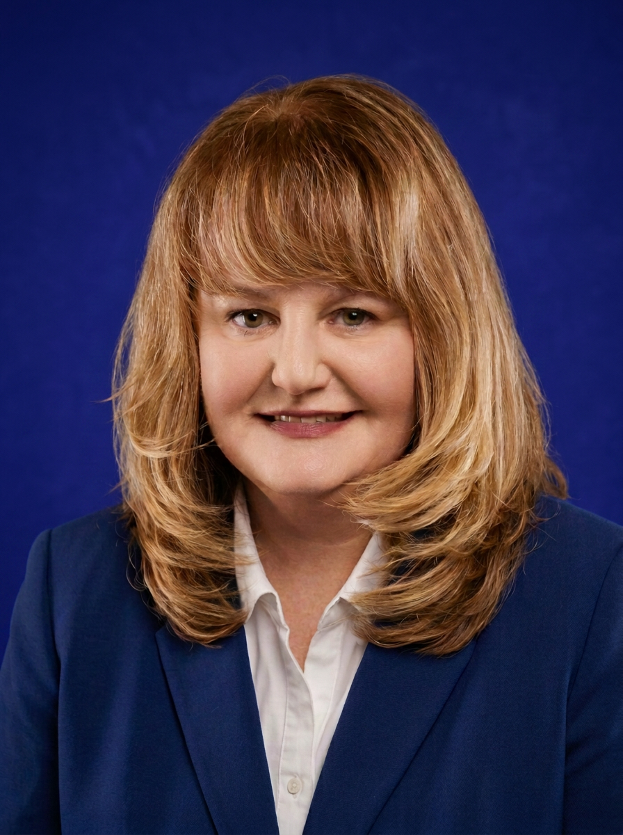 Portrait of a woman with shoulder-length reddish-blonde hair, wearing a navy blazer and a white collared shirt, against a dark blue background.