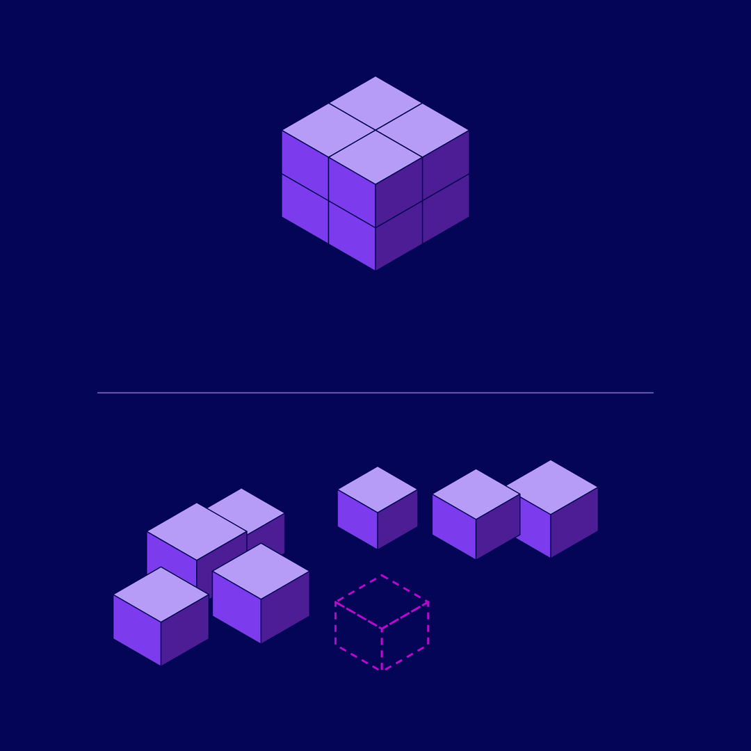One solid block of eight cubes on the left; the same eight scattered on the right, one only a dashed outline — accountability whole on one name, authority dispersed, governance never assigned.