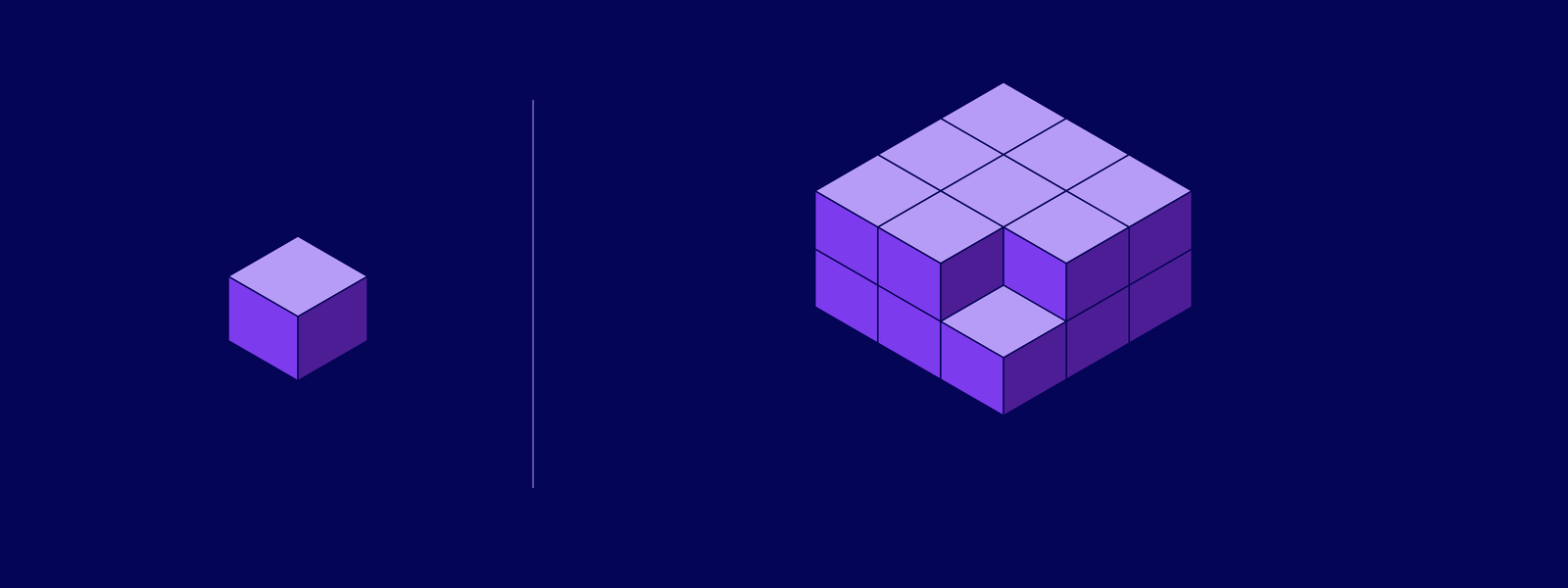 Navy isometric illustration: a single purple cube stands alone on the left, divided from a larger new block of cubes on the right that has one empty slot exactly its size. The new structure has a seat open; the one who carried the work is outside it.