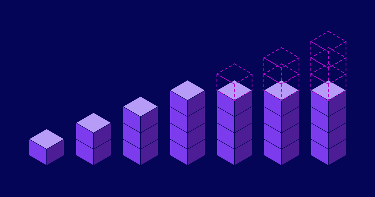Six rising stacks of solid purple cubes on navy, the last few flattening out. Above the flat run, dashed magenta cubes show the steps that never happened.