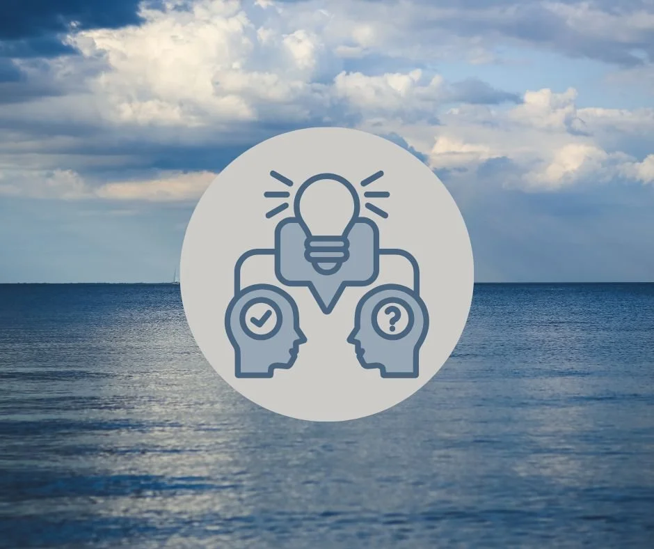 An icon of two human heads facing each other with a check mark and a question mark inside, connected by a light bulb, set against an ocean and cloudy sky background.