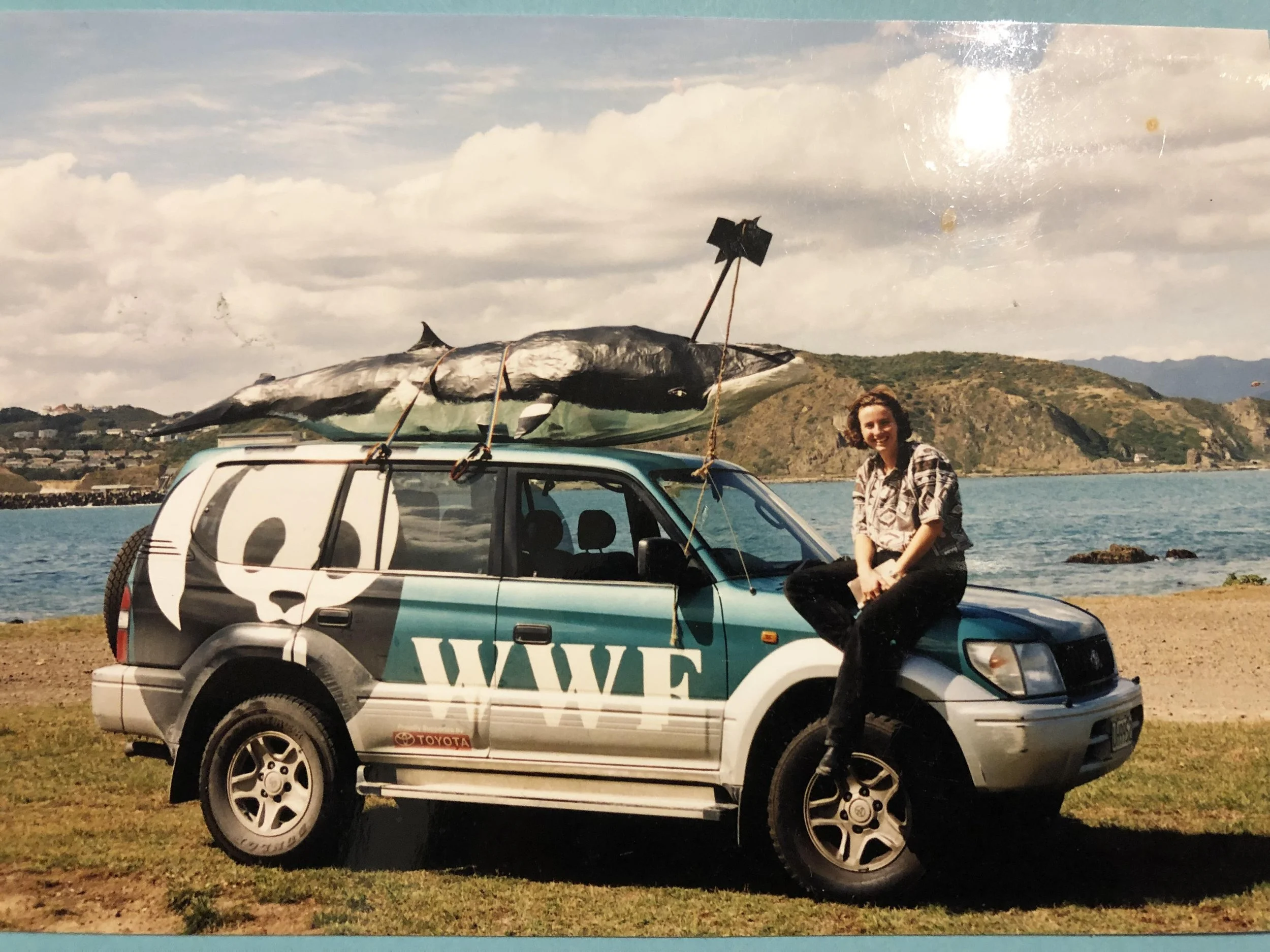 A woman sitting on the front of a decorated Toyota SUV with a large killer whale model on the roof, near the ocean with hills in the background.