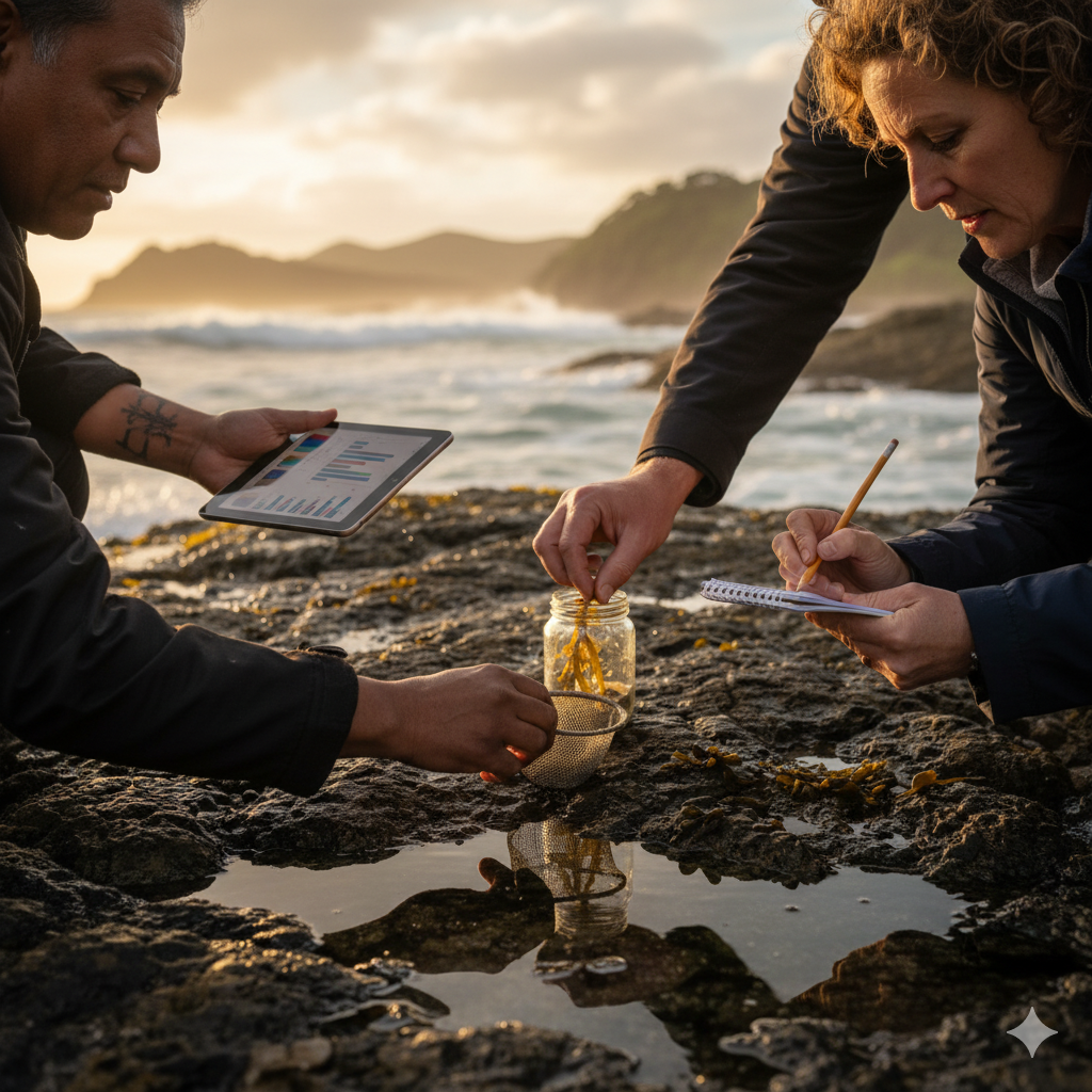 Two people collecting marine life sample, one holding a tablet and the other a jar, on a rocky shoreline at sunset.