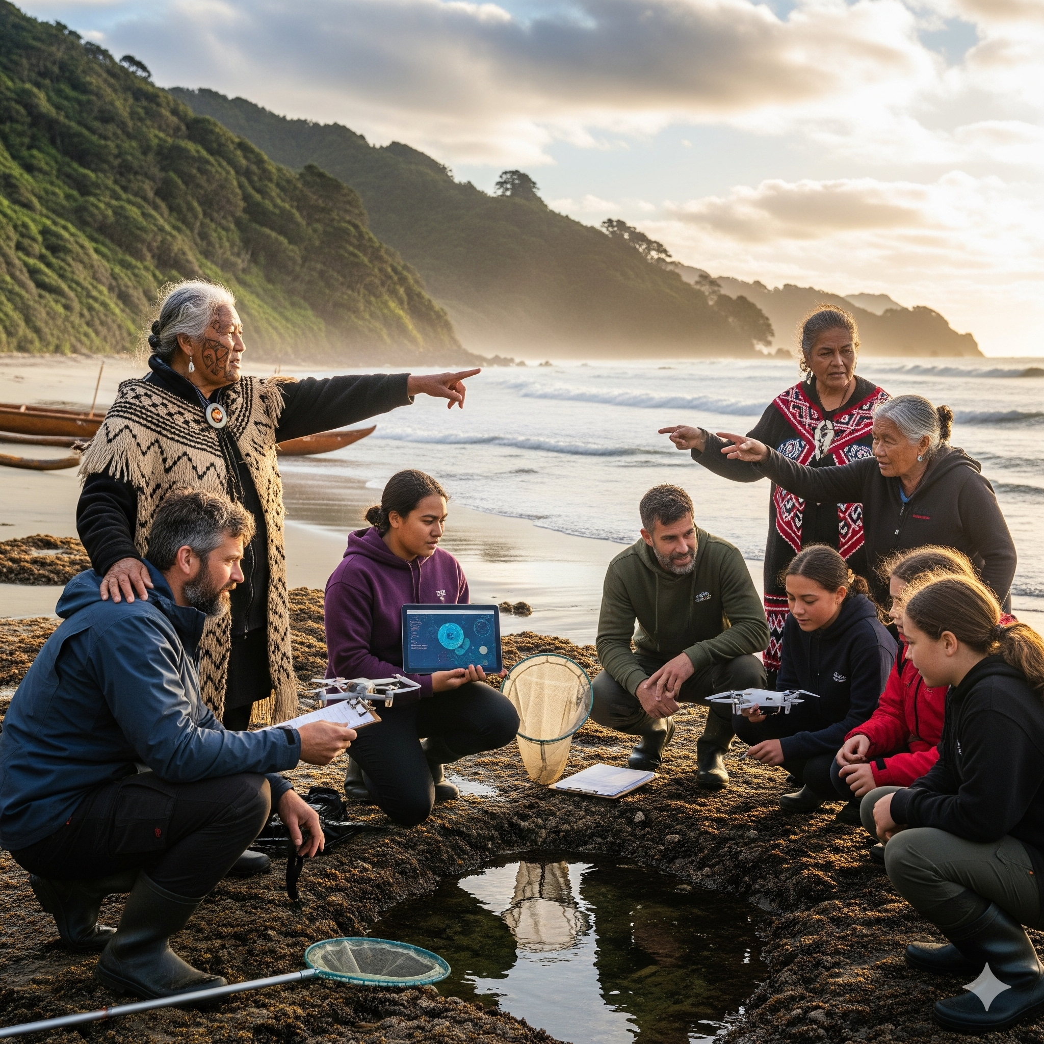 A group of people, including indigenous elders and researchers, gathered around a tide pool on a beach for a discussion, with some pointing and others holding a tablet showing scientific data. The beach has boats anchored nearby, and the background features a coastline with lush green hills and a cloudy sky.