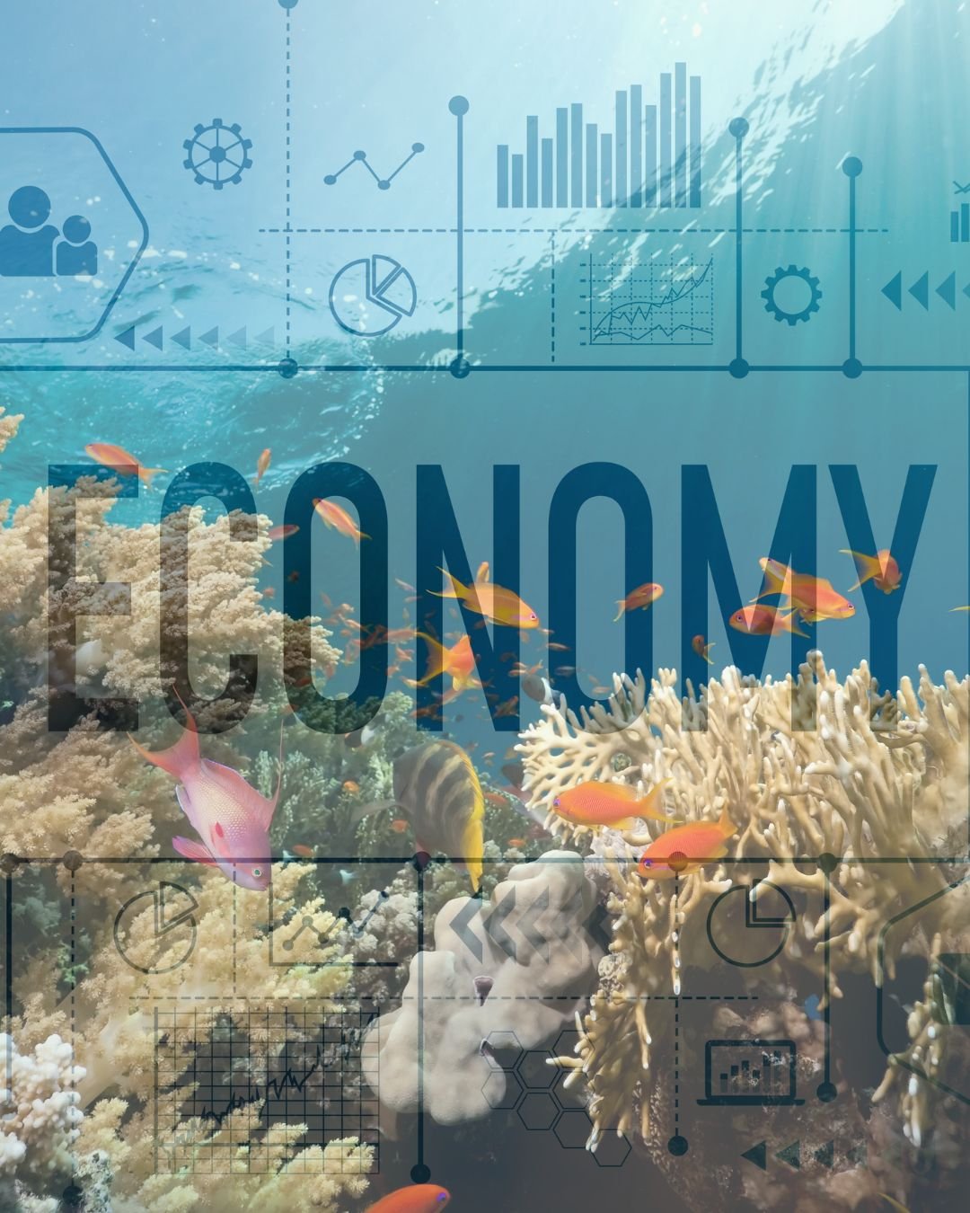 Underwater scene of coral reef with fish, overlaid with digital infographic graphics and the word 'ECOLOGY' in large text.