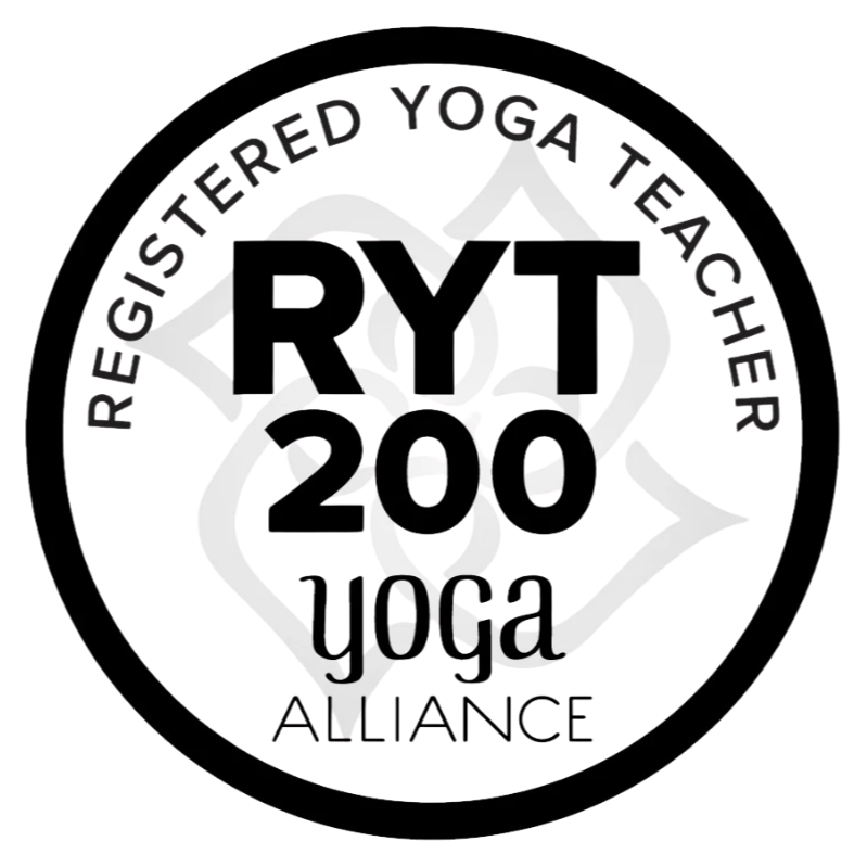 Black-and-white registered yoga teacher certification logo featuring a stylized yoga figure and the text “RYT 200 Yoga Alliance.”