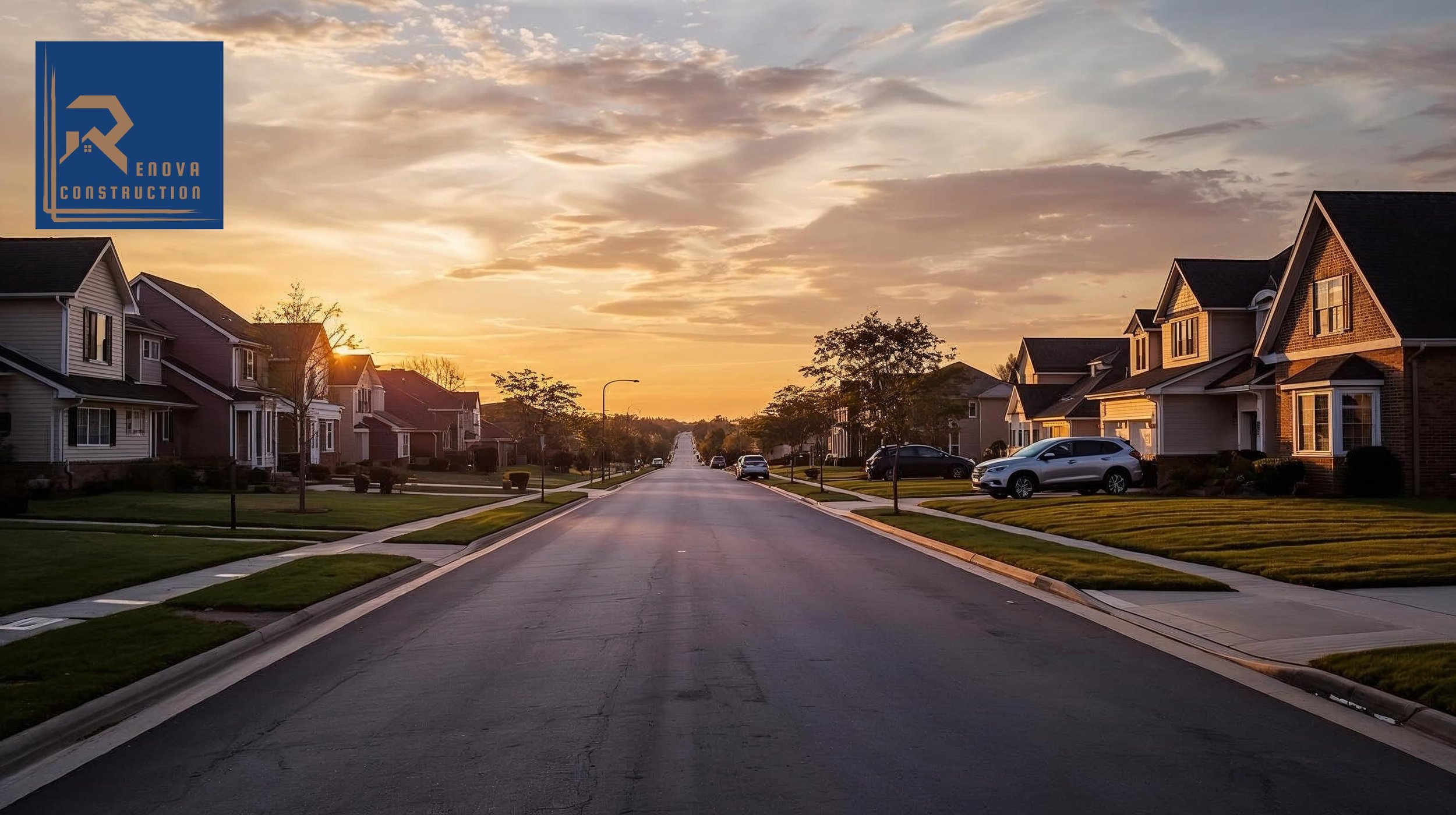 A quiet suburban neighborhood at sunset with houses on both sides of the street, cars parked in driveways, and the sun setting behind trees, casting a warm glow over the scene.