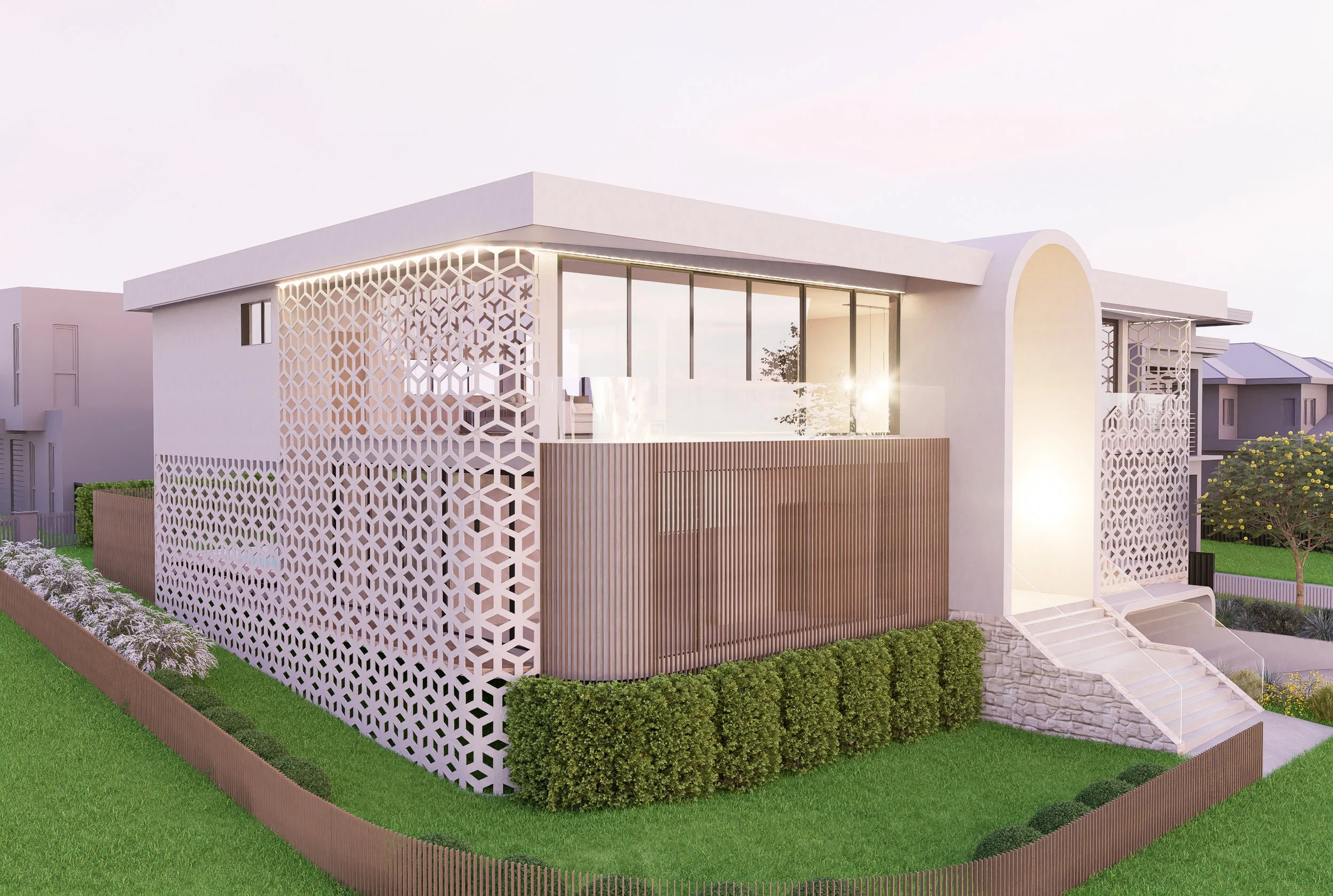Modern white house with decorative lattice walls, large glass windows, green lawn, and a staircase leading to the entrance, during sunset.