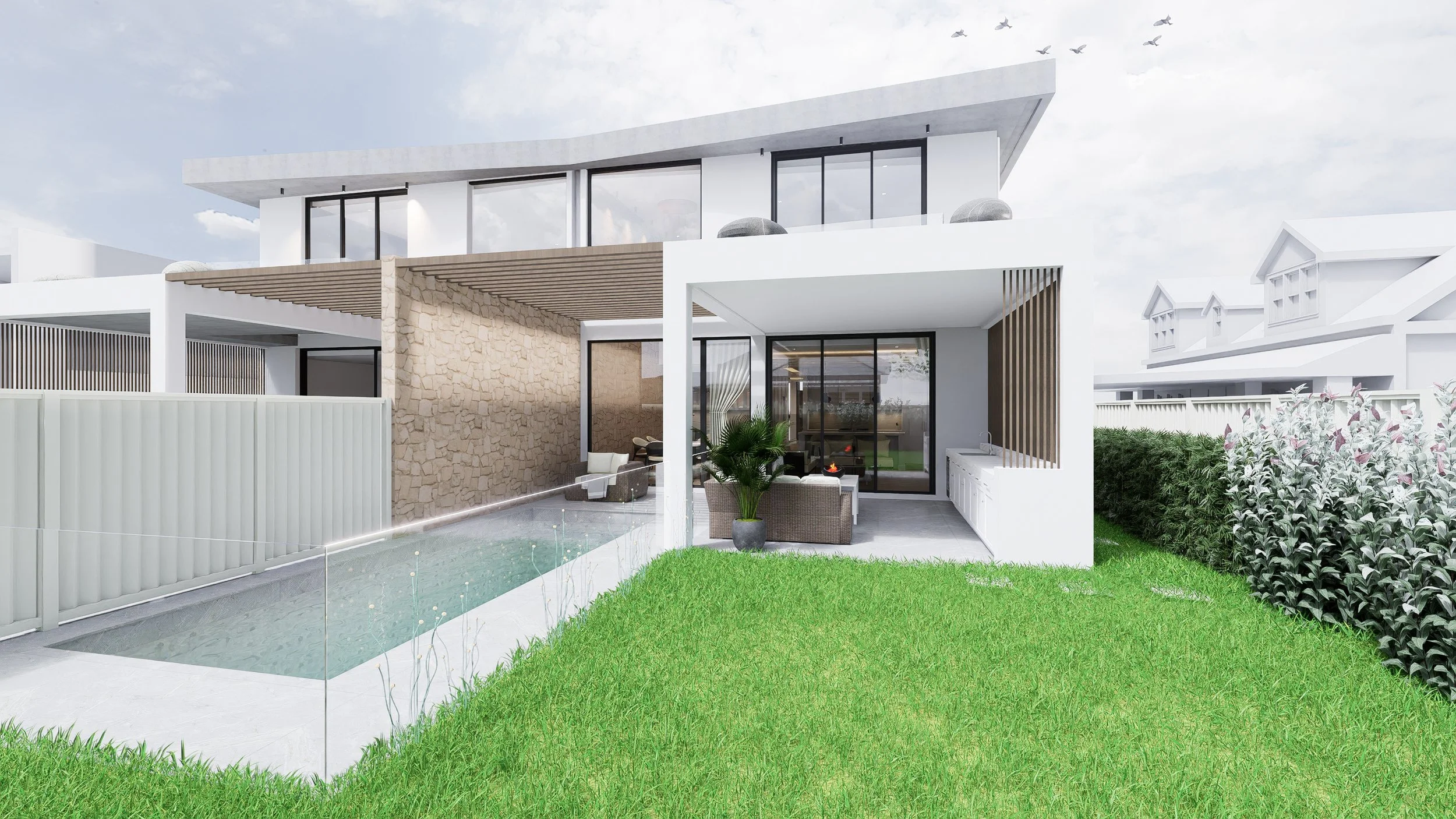 Mordern outdoor entertaining area with pool.