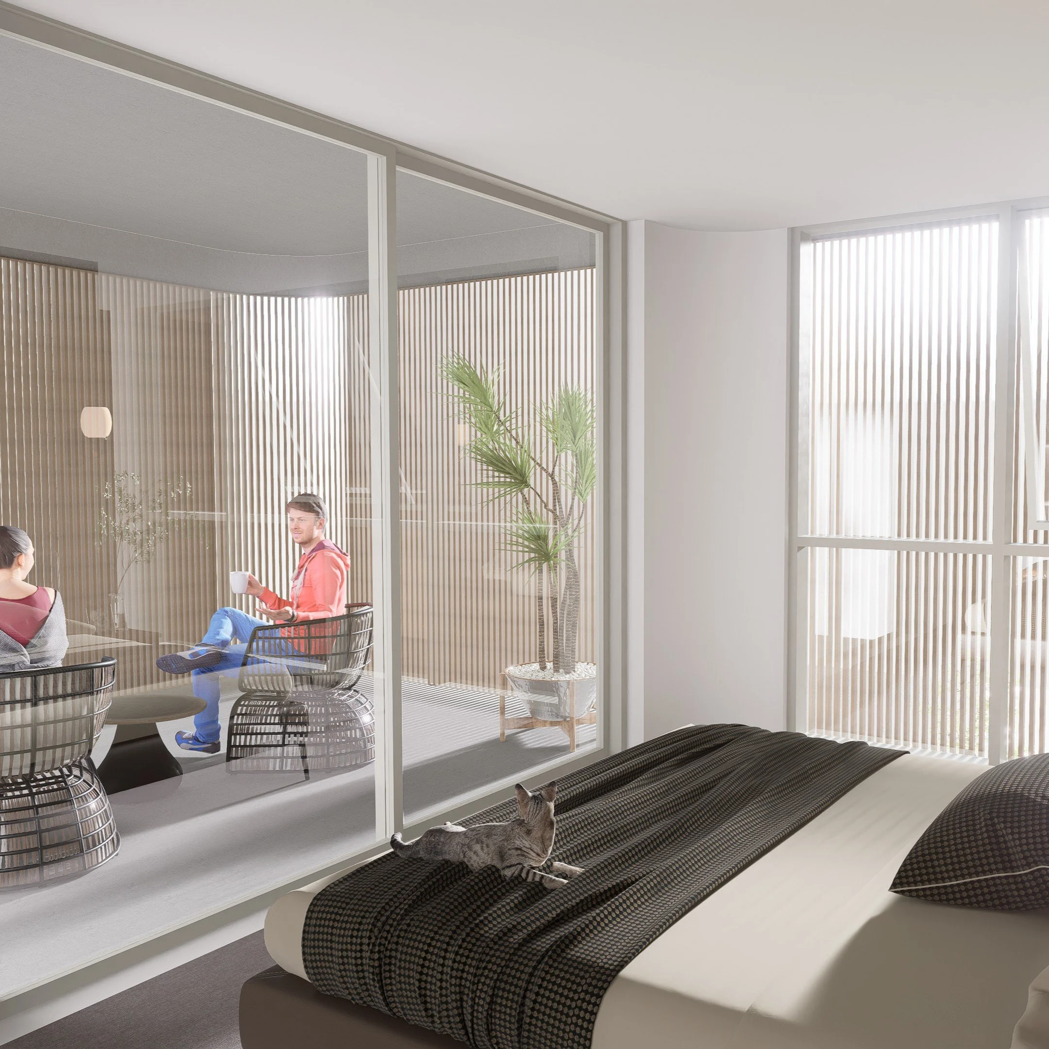 Bedroom with adjacent screened balcony