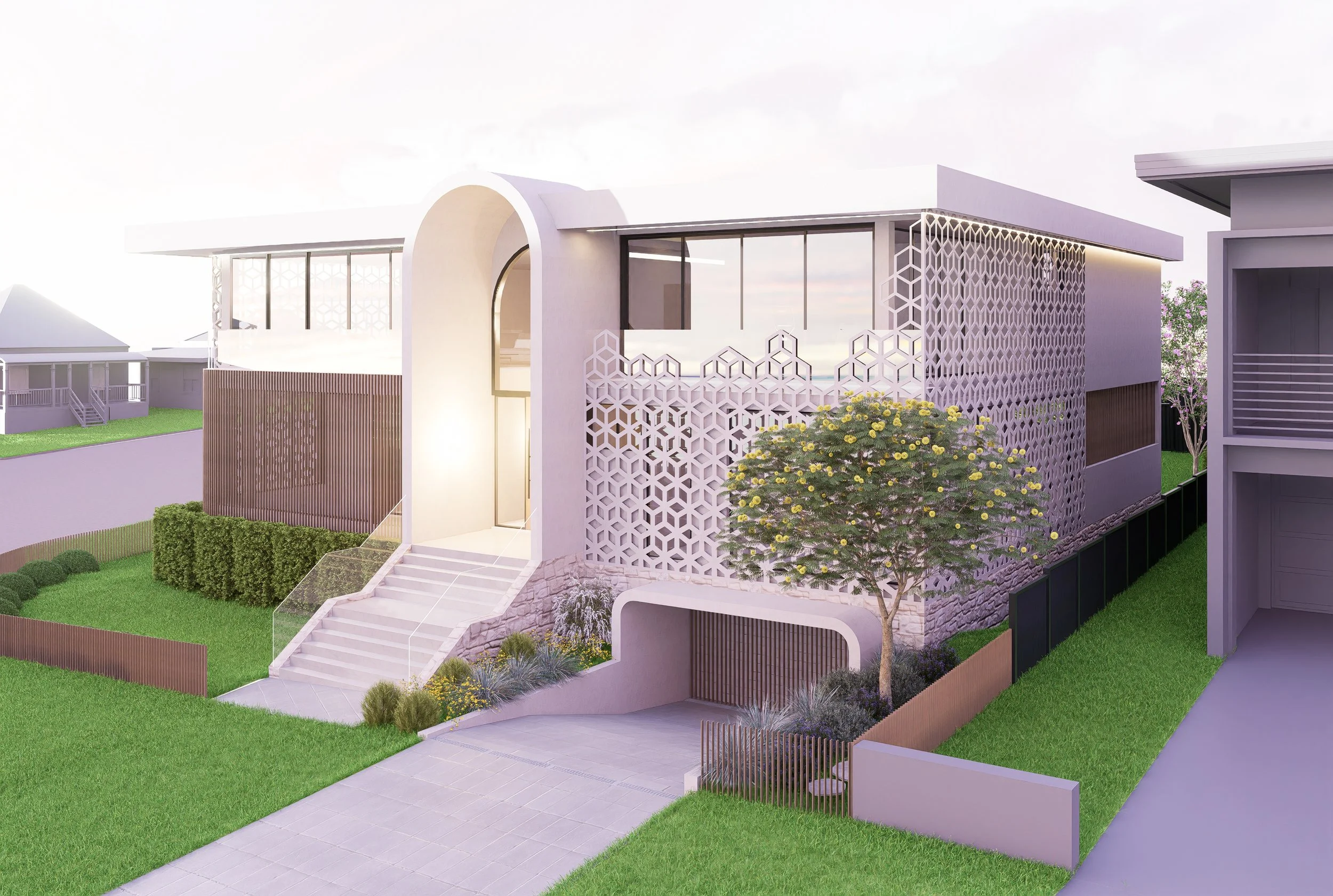 Modern white house with geometric lattice facade, front steps, and landscaped yard with grass, bushes, and a tree.