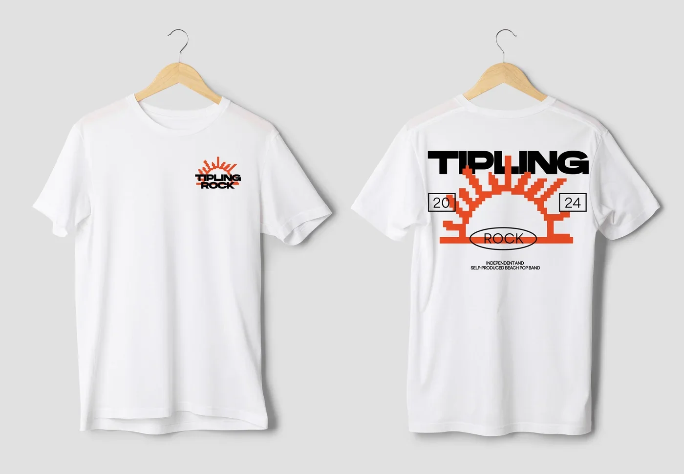 White T-shirt with a small graphic of a sun with the text "TIPLING ROCK" on the front. The back of the shirt features a larger graphic of a pixelated sun with the text "TIPLING" above and "ROCK."