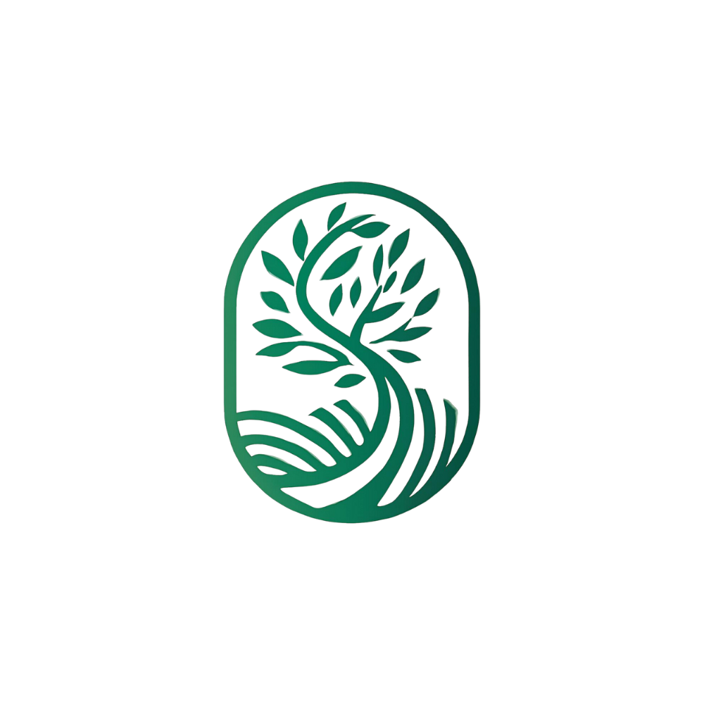 Stylized logo featuring a tree with curved branches and leaves, enclosed in an oval shape with a landscape of fields at the base.