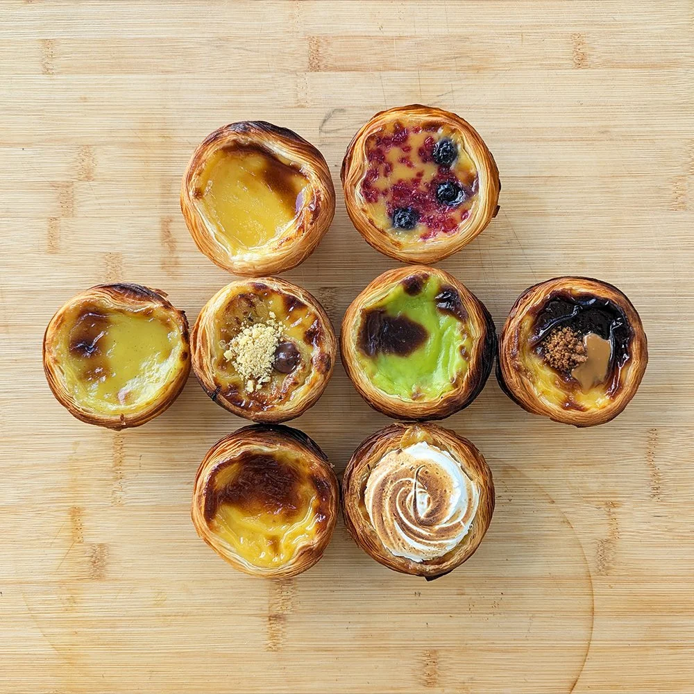 Various flavours of Portguese tarts from above.