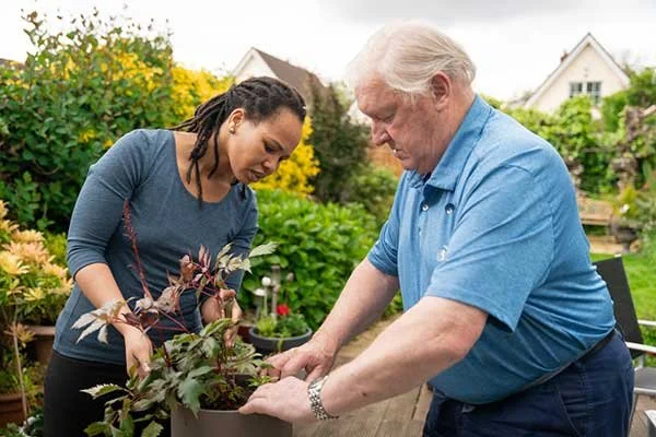 Two people gardening outdoors in a backyard, planting or tending to a potted plant.