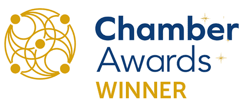 Chamber Awards winner logo with a gold spherical design on the left and the words 'Chamber Awards WINNER' on the right.