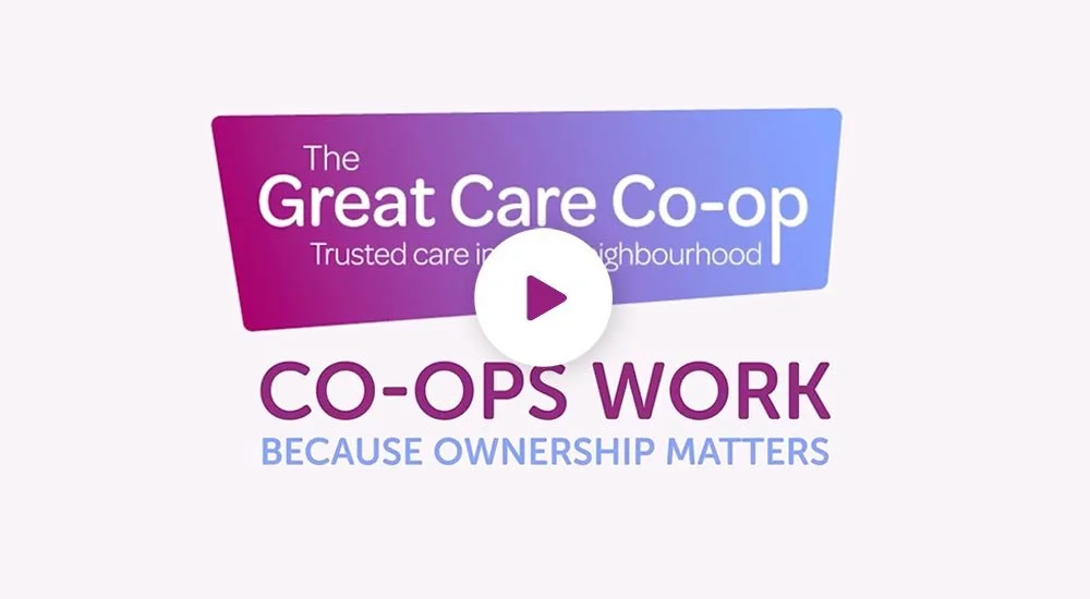 Graphic with text that reads 'The Great Care Co-op Trusted care in your neighborhood. CO-OPS WORK BECAUSE OWNERSHIP MATTERS' with a play button in the center.