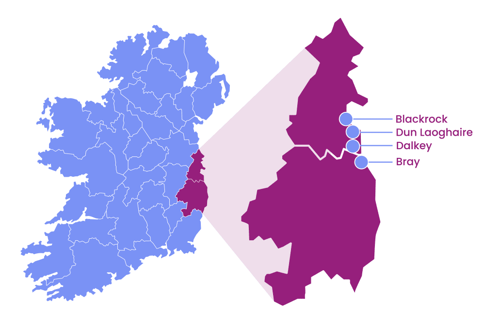 Map of Ireland highlighting four locations: Blackrock, Dun Laoghaire, Dalkey, and Bray in the southeastern part of the country.