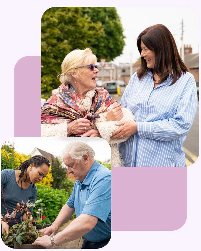 Two women smiling and holding hands on a sidewalk, and a man and woman gardening together outside.