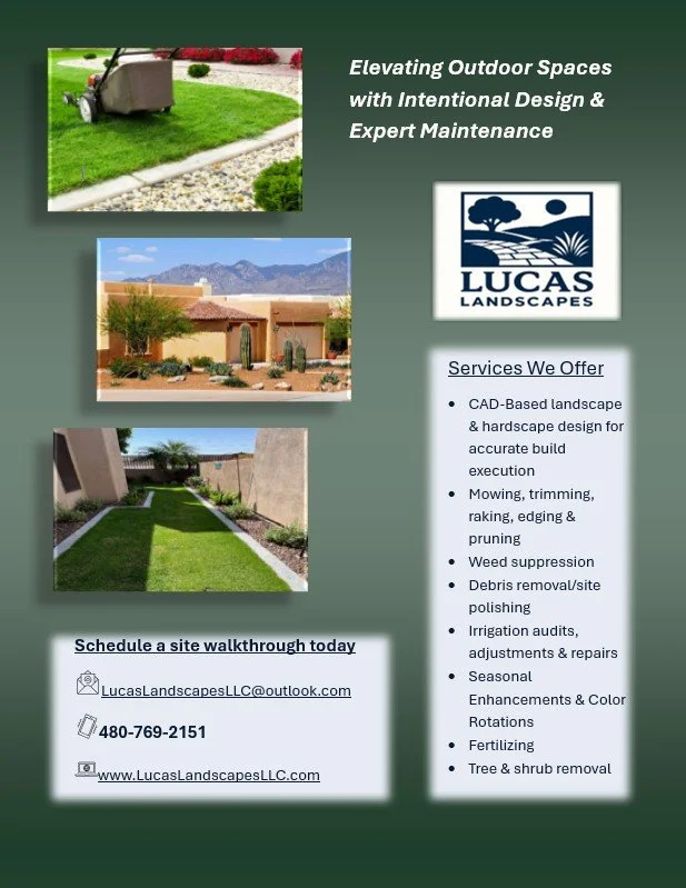 Flyer for Lucas Landscapes featuring images of well-maintained lawns and landscaping work, with text promoting outdoor space design, maintenance services, and contact information.