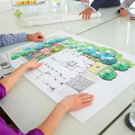 Architects or designers reviewing a colorful landscape plan of a building with surrounding trees and greenery.