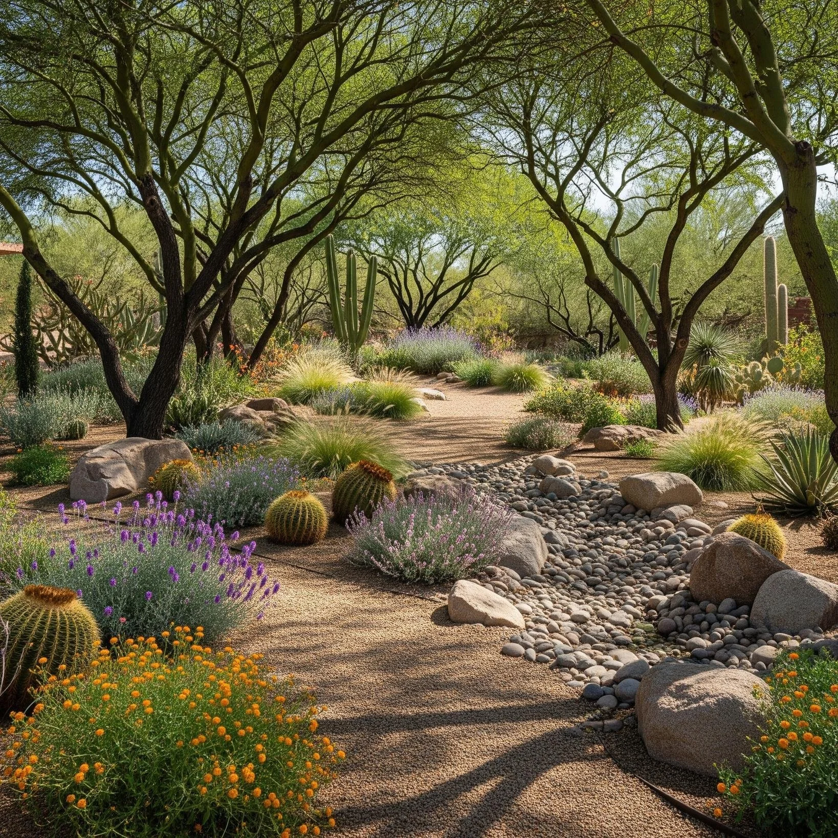 Desert garden with trees, cacti, and colorful plants along a pathway
