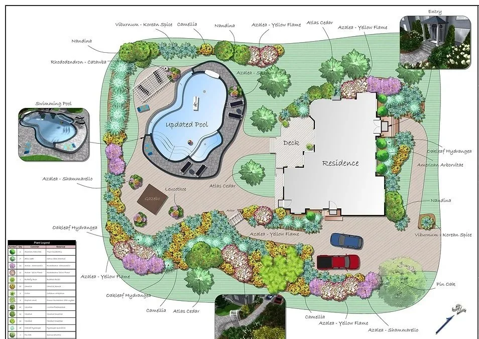 Landscape garden plan with a house, updated pool, deck, trees, shrubs, and a parking area with two cars.