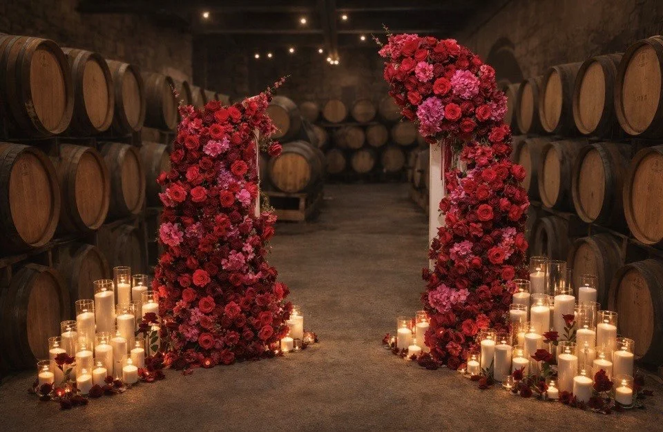 Romantic proposal backdrop with “Will You Marry Me” fabric signage, florals, and candlelight in Melbourne