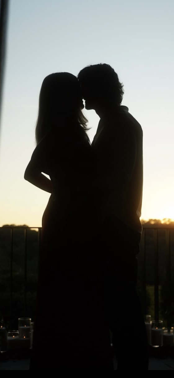 Romantic silhouette of a couple sharing a proposal moment at sunset, styled with candlelight in Melbourne